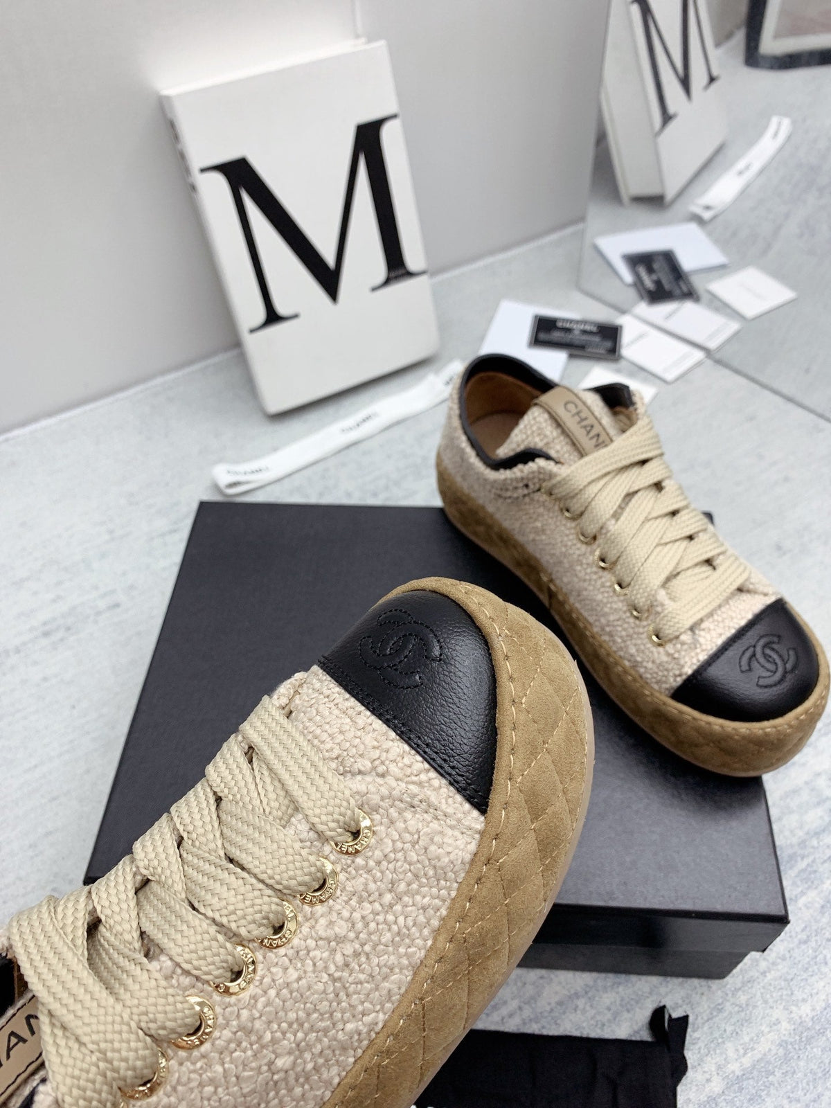CC 26s Platform Sneakers Beige Black Boucle Calfskin 160118