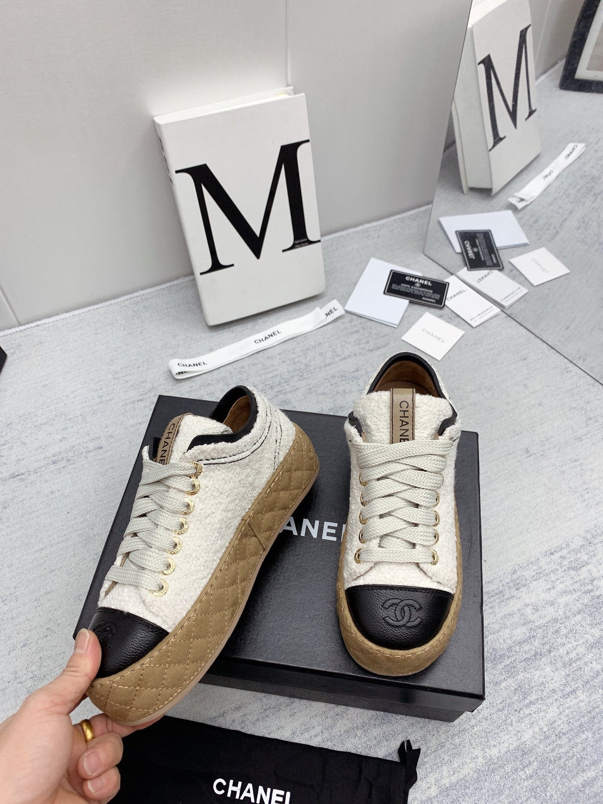 CC 26s Platform Sneakers Ivory Black Boucle Calfskin 160124