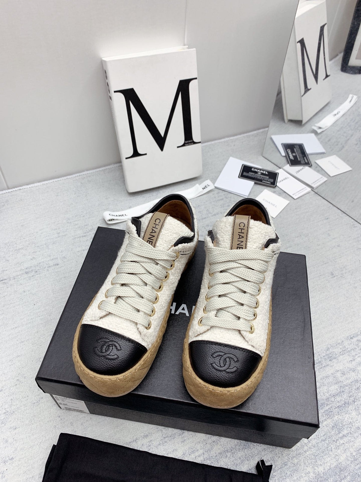 CC 26s Platform Sneakers Ivory Black Boucle Calfskin 160124