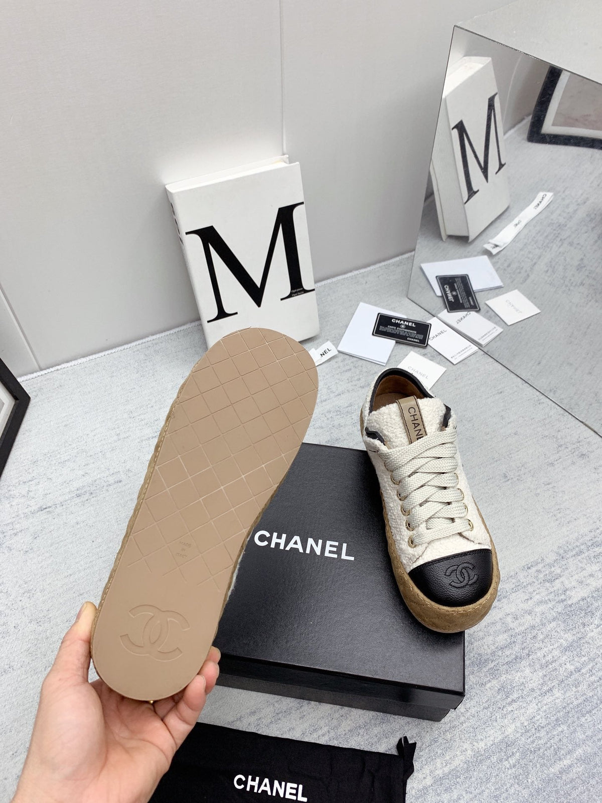 CC 26s Platform Sneakers Ivory Black Boucle Calfskin 160124