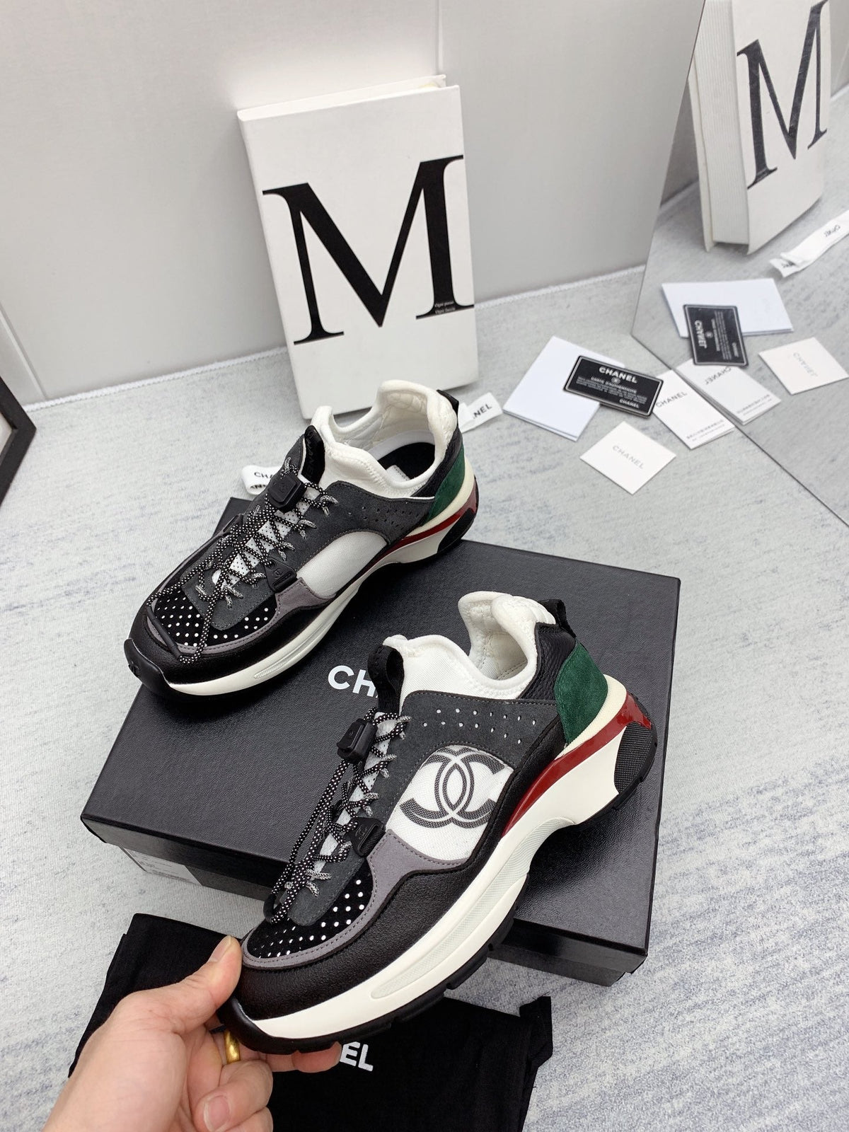 CC 26s Multicolor Sneakers Black White Green Calfskin Mesh 160121