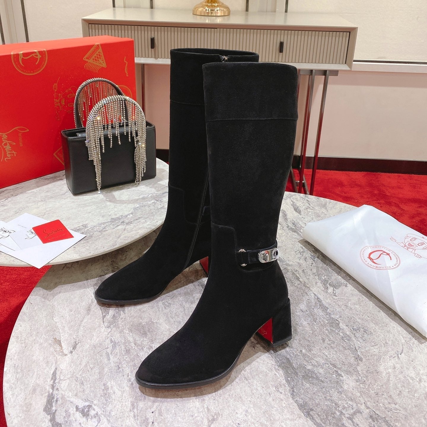 CL Lock Botta 70 mm Knee-High Boots Suede Black
