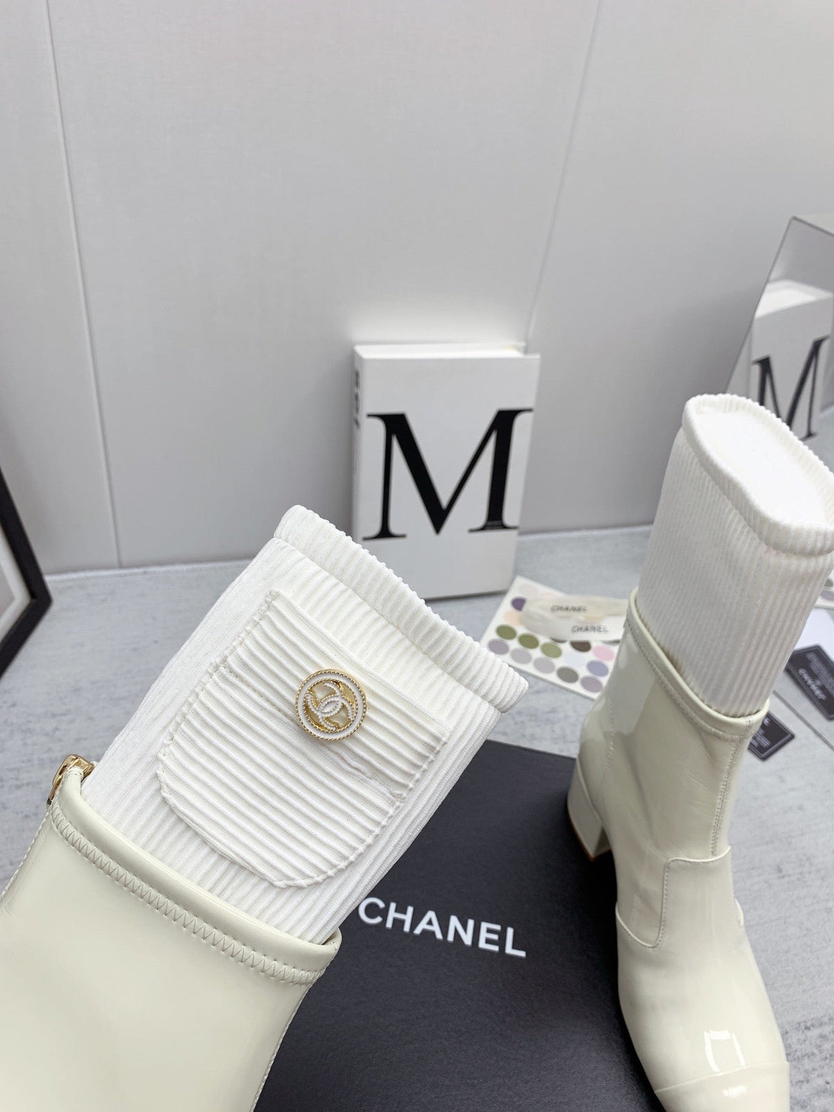 CC 26s Knit Boots Ivory Patent Leather Knit 160128