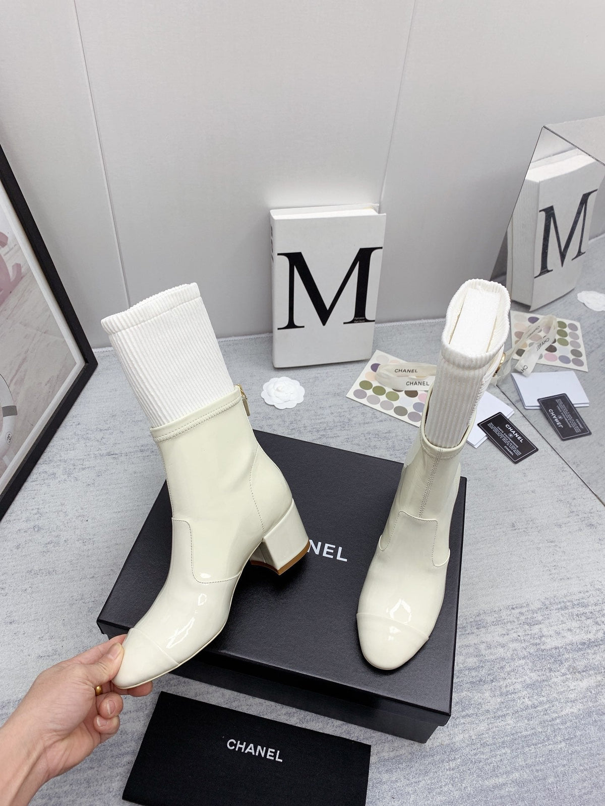 CC 26s Knit Boots Ivory Patent Leather Knit 160128