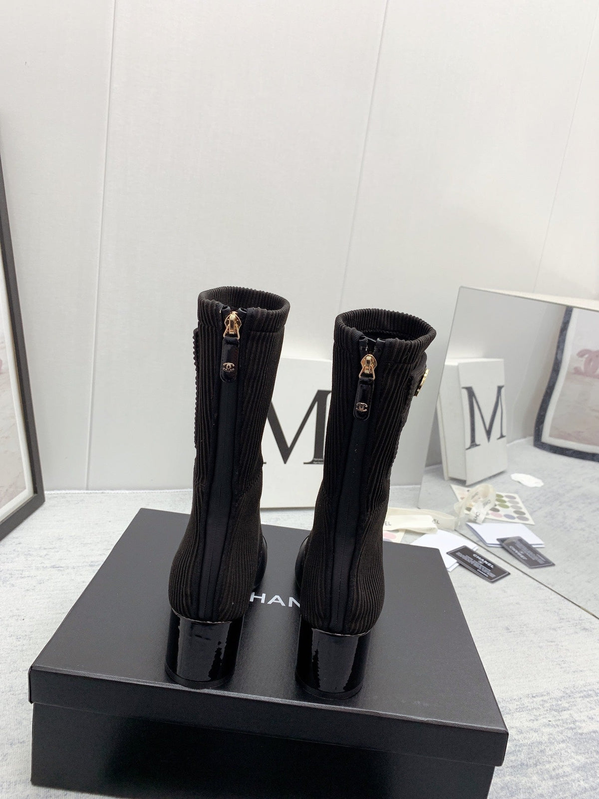 CC 26s Knit Boots Black Calfskin Patent Leather 160132