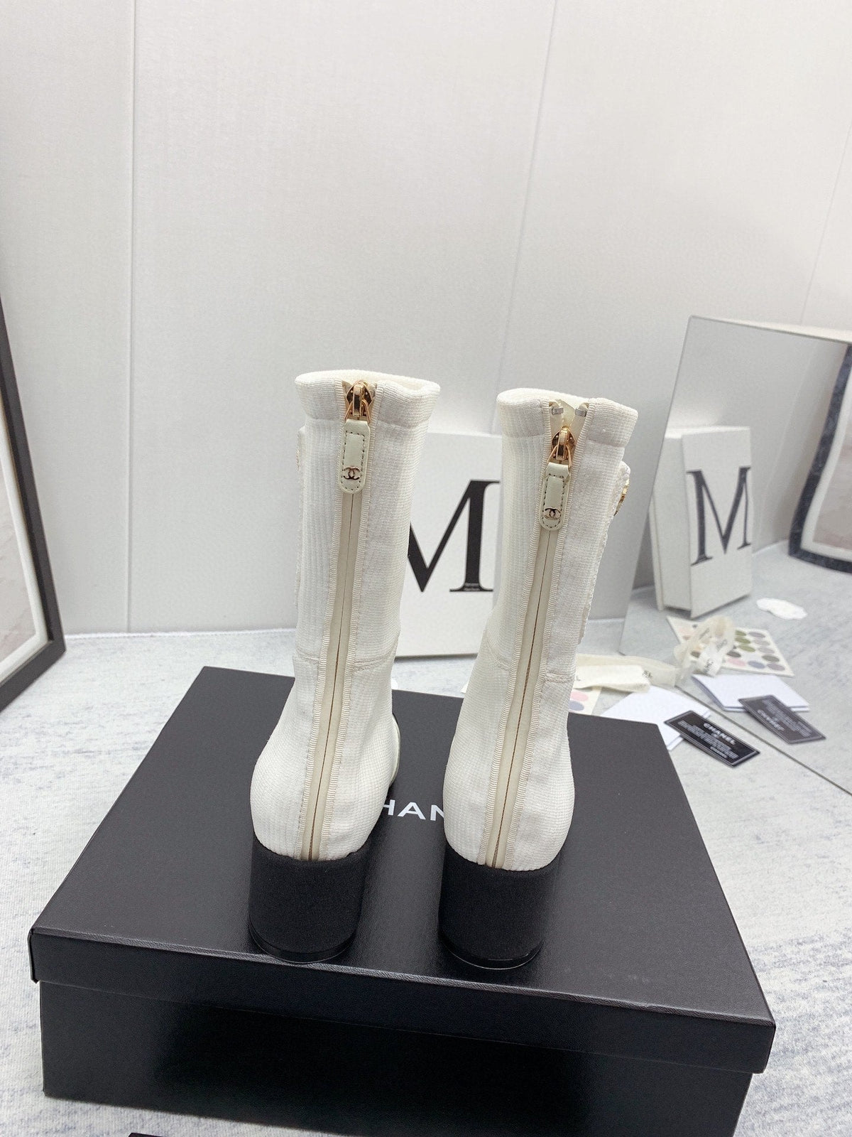 CC 26s Knit Boots Ivory Black Calfskin Patent Leather 160131
