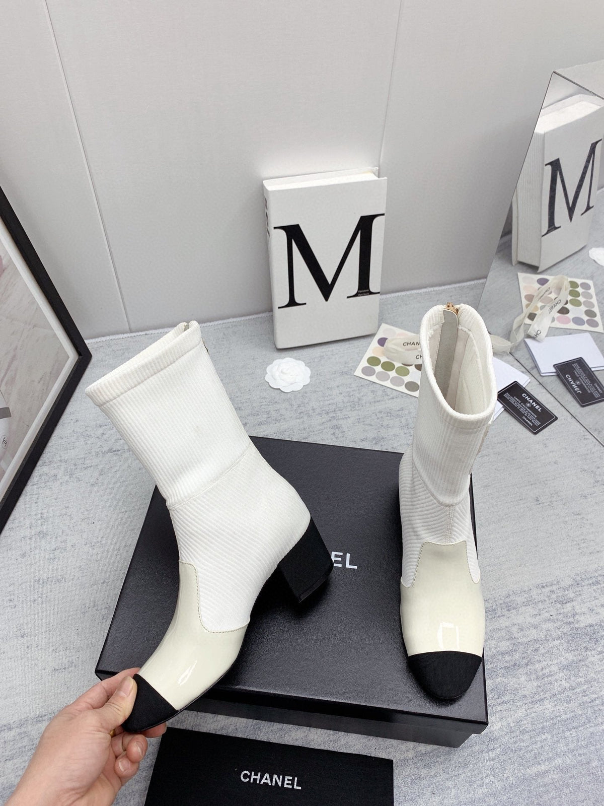 CC 26s Knit Boots Ivory Black Calfskin Patent Leather 160131