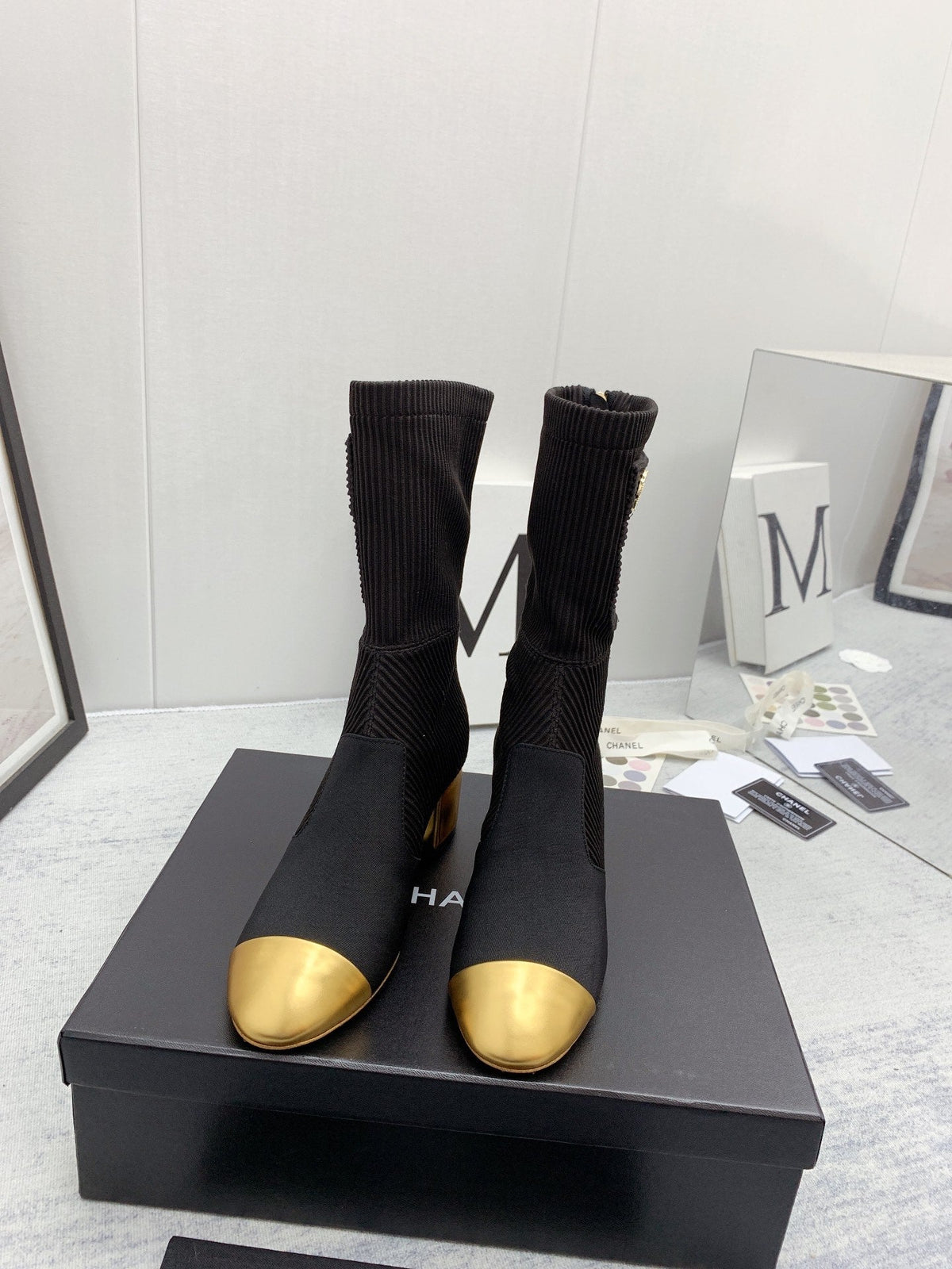 CC 26s Knit Boots Black Silver Calfskin Metallic Leather 160130