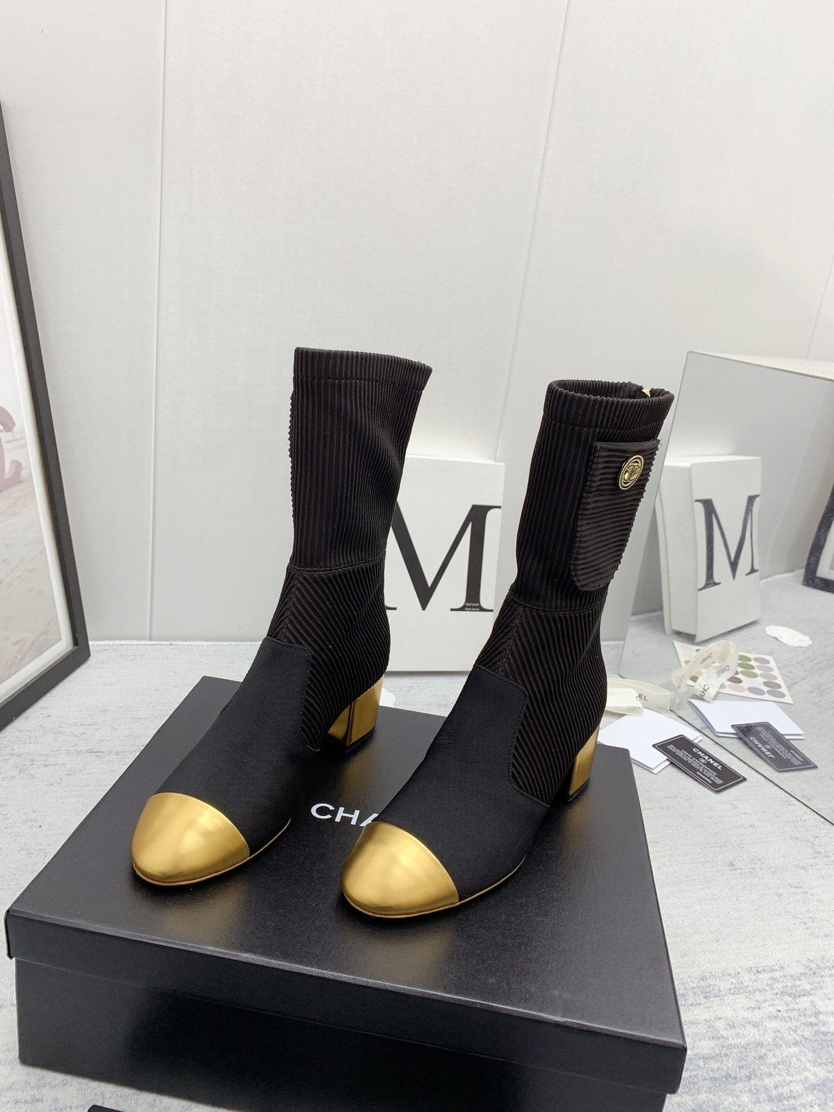 CC 26s Knit Boots Black Silver Calfskin Metallic Leather 160130