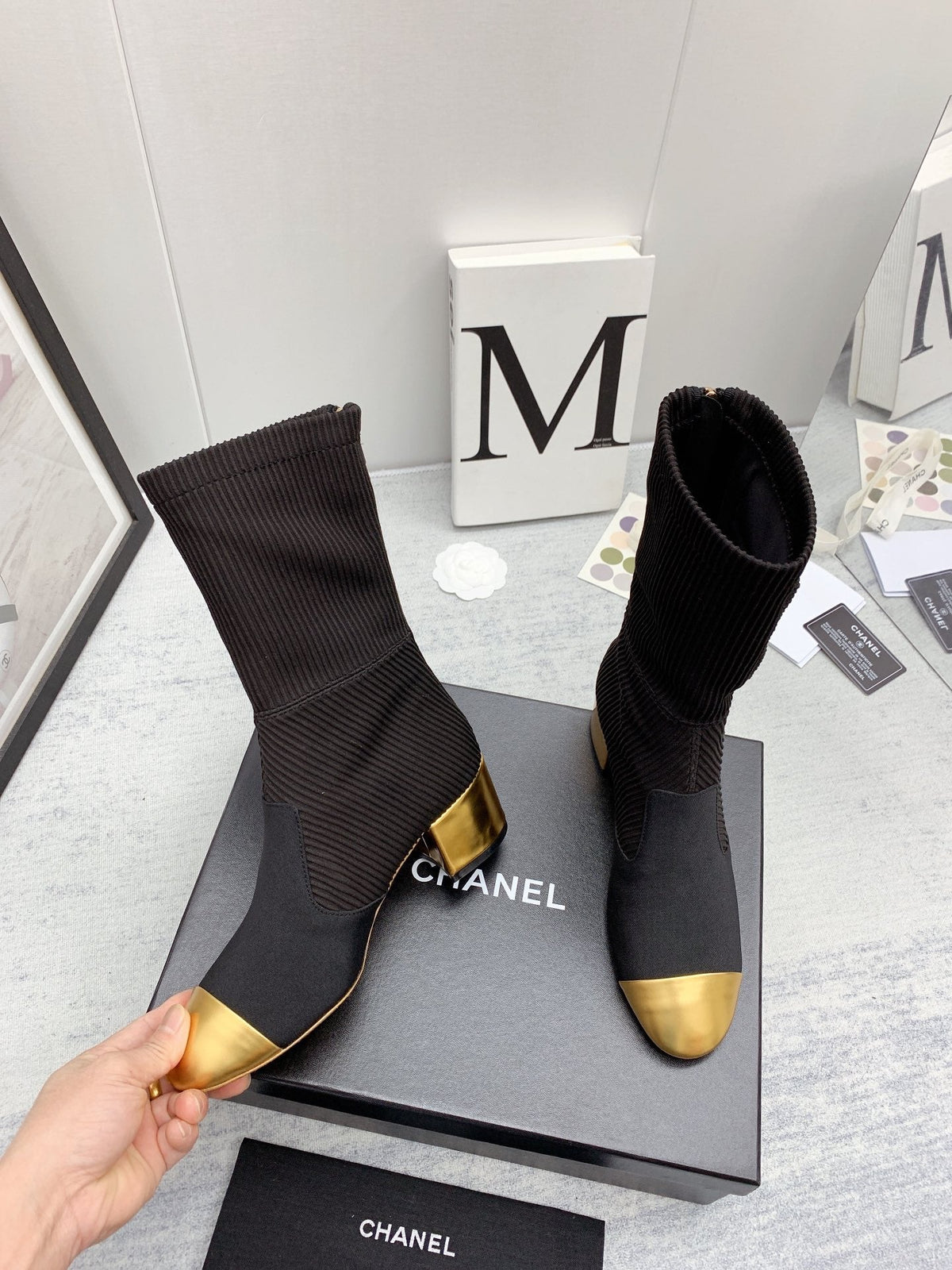 CC 26s Knit Boots Black Silver Calfskin Metallic Leather 160130