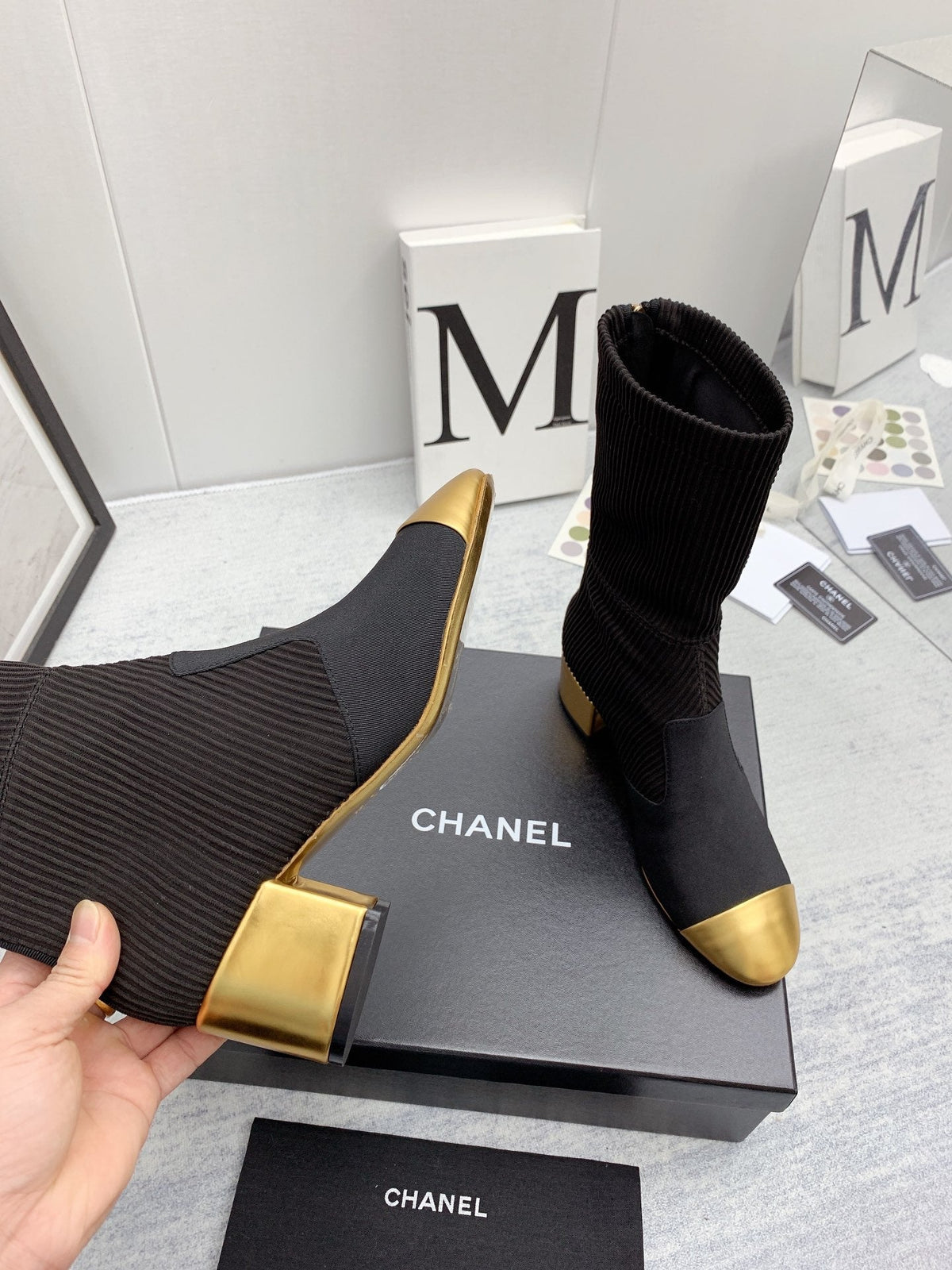 CC 26s Knit Boots Black Silver Calfskin Metallic Leather 160130