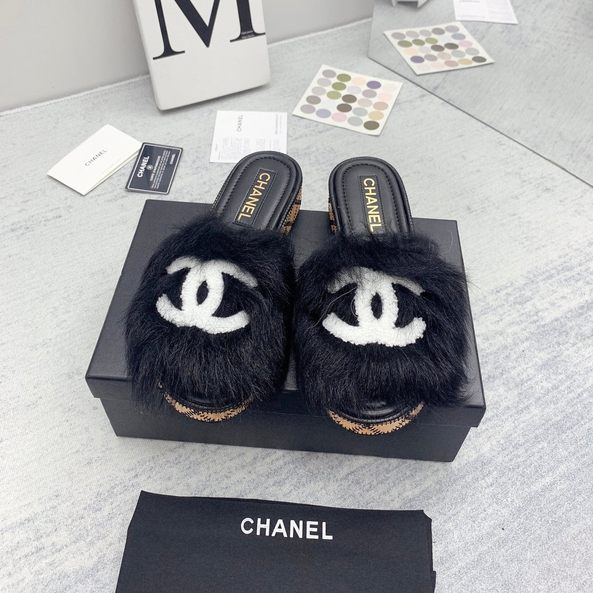 CC 26s Fur Mules Black White Tweed 160133
