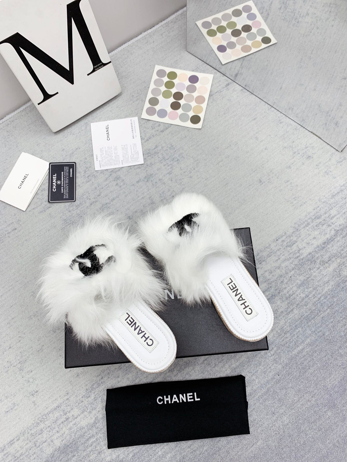 CC 26s Fur Mules White Black Tweed 160134