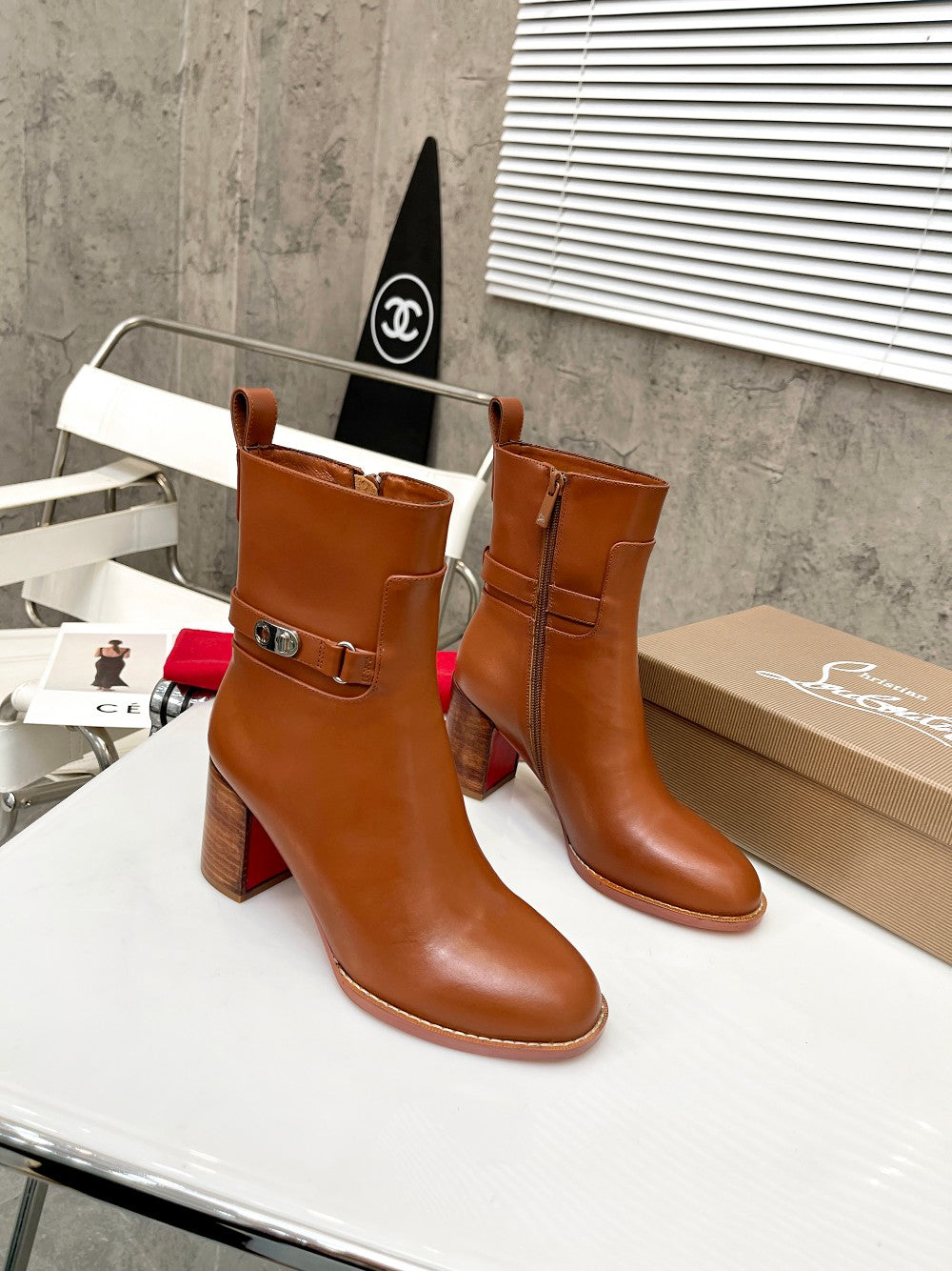 CL Turn-Lock Buckle Red Sole Booties Brown Calfskin 521439