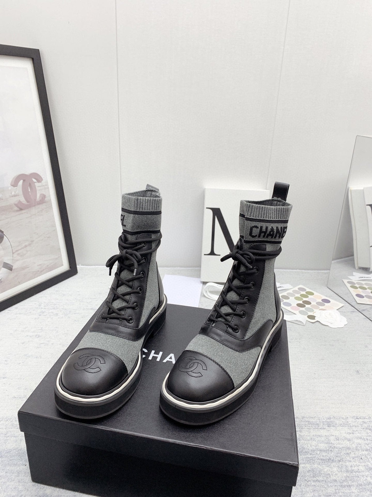 CC 26s Lace Up Combat Boots Grey Black Denim Calfskin 160139