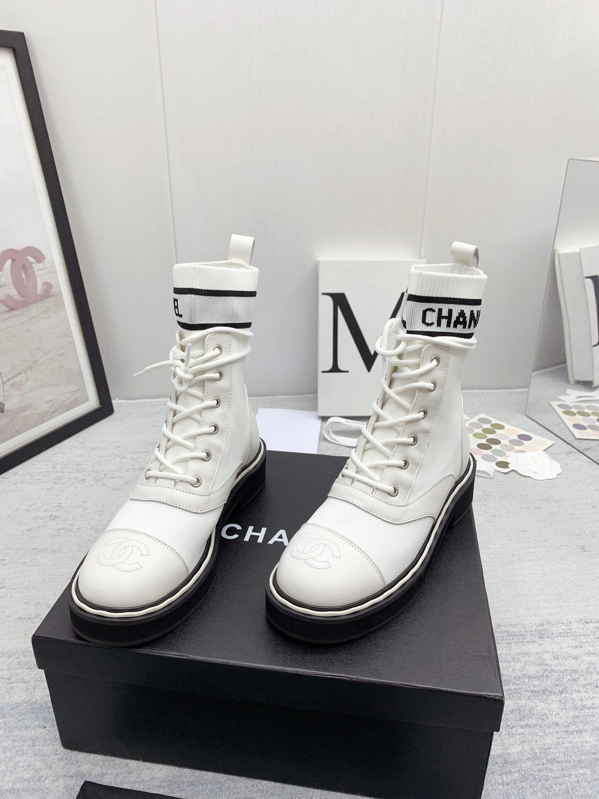 CC 26s Lace Up Combat Boots White Black Denim Calfskin 160135
