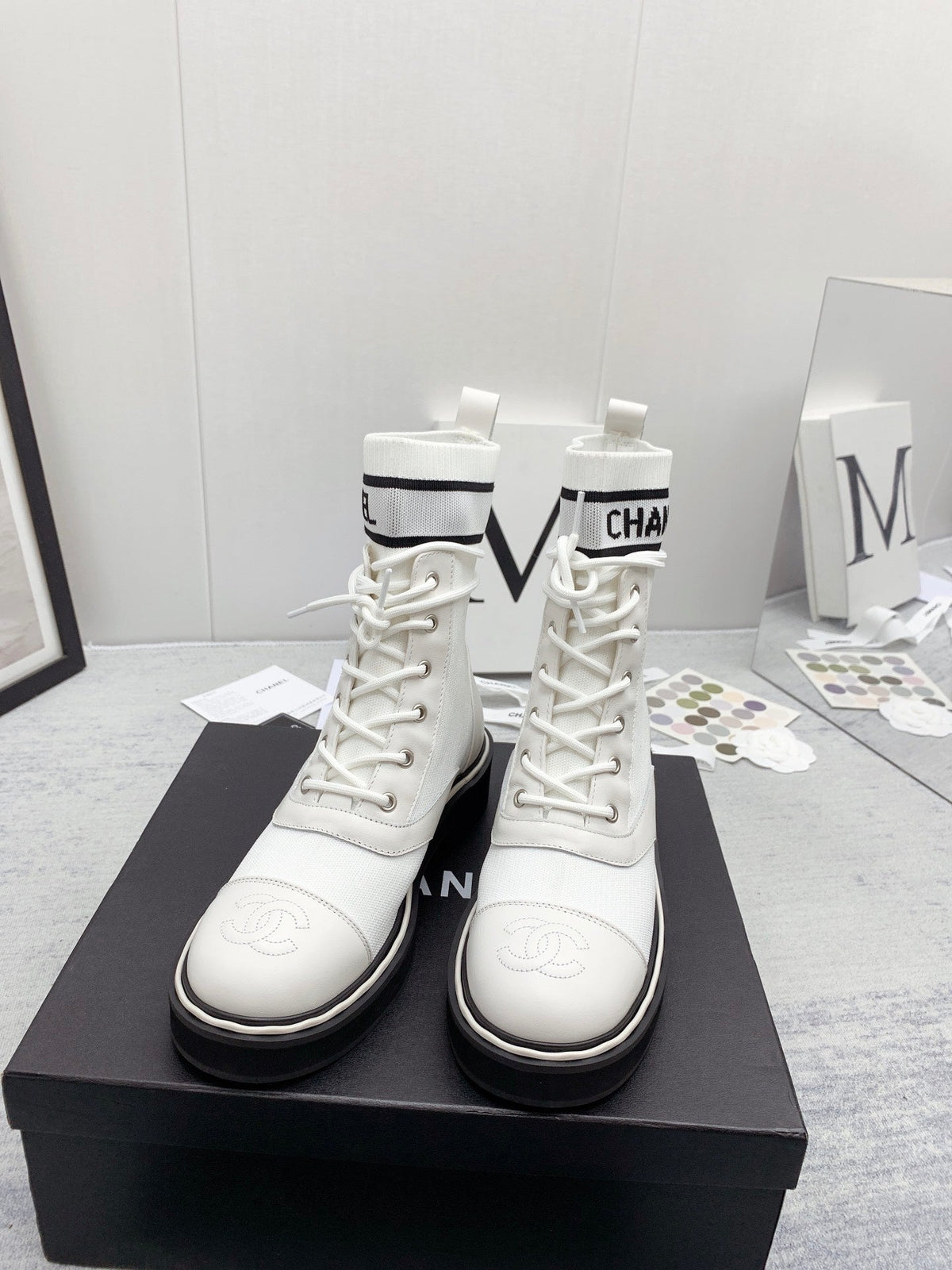 CC 26s Lace Up Combat Boots White Black Denim Calfskin 160135