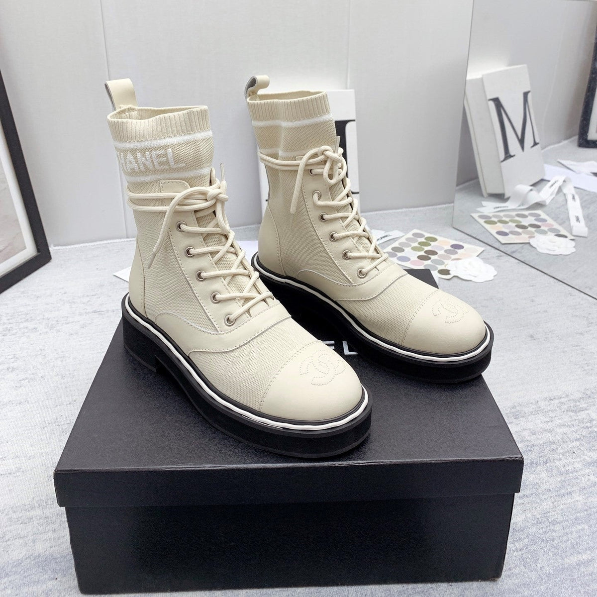 CC 26s Lace Up Combat Boots Ivory White Denim Calfskin 160138