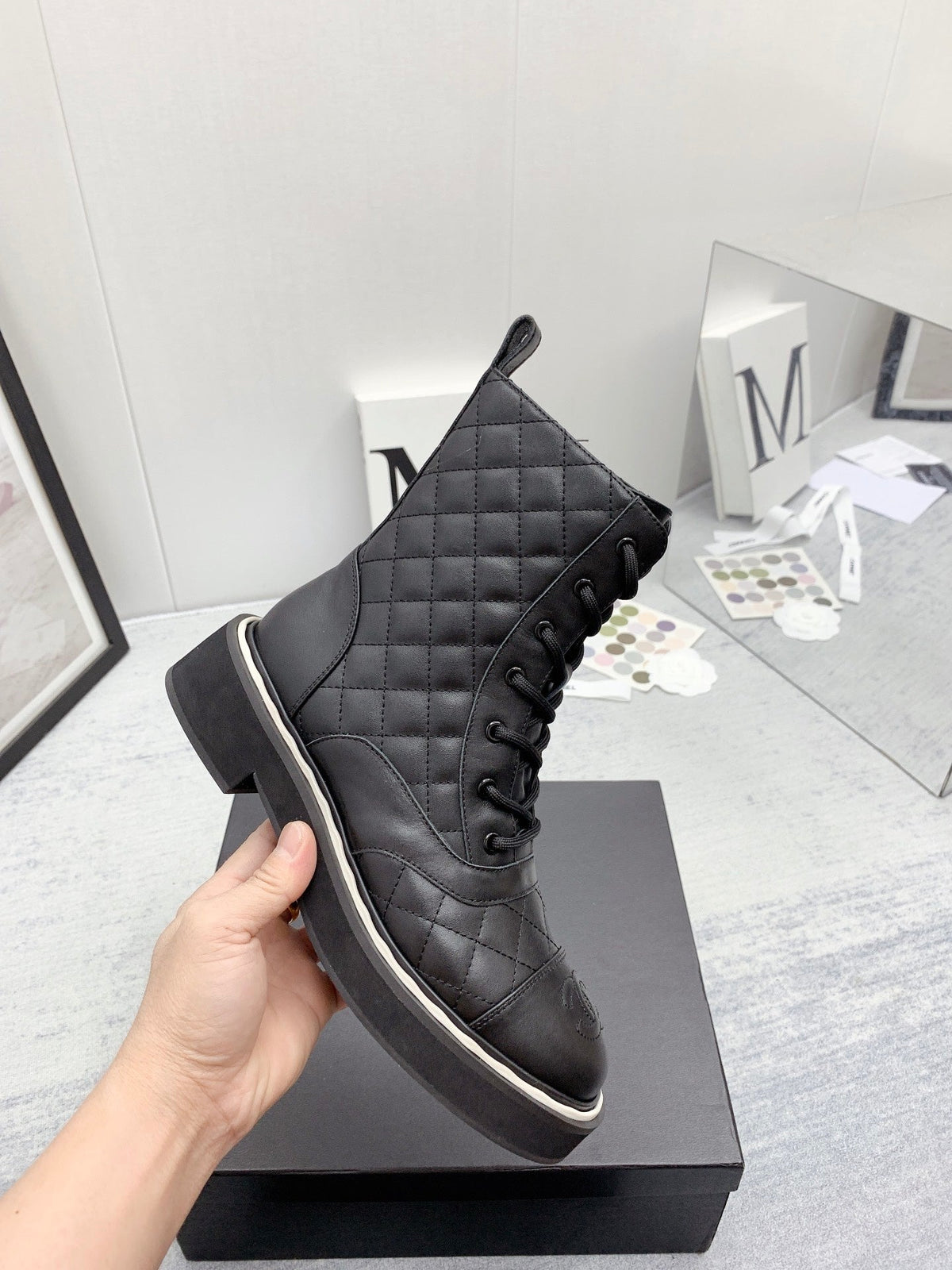CC 26s Lace Up Combat Boots Black Quilted Leather 160141