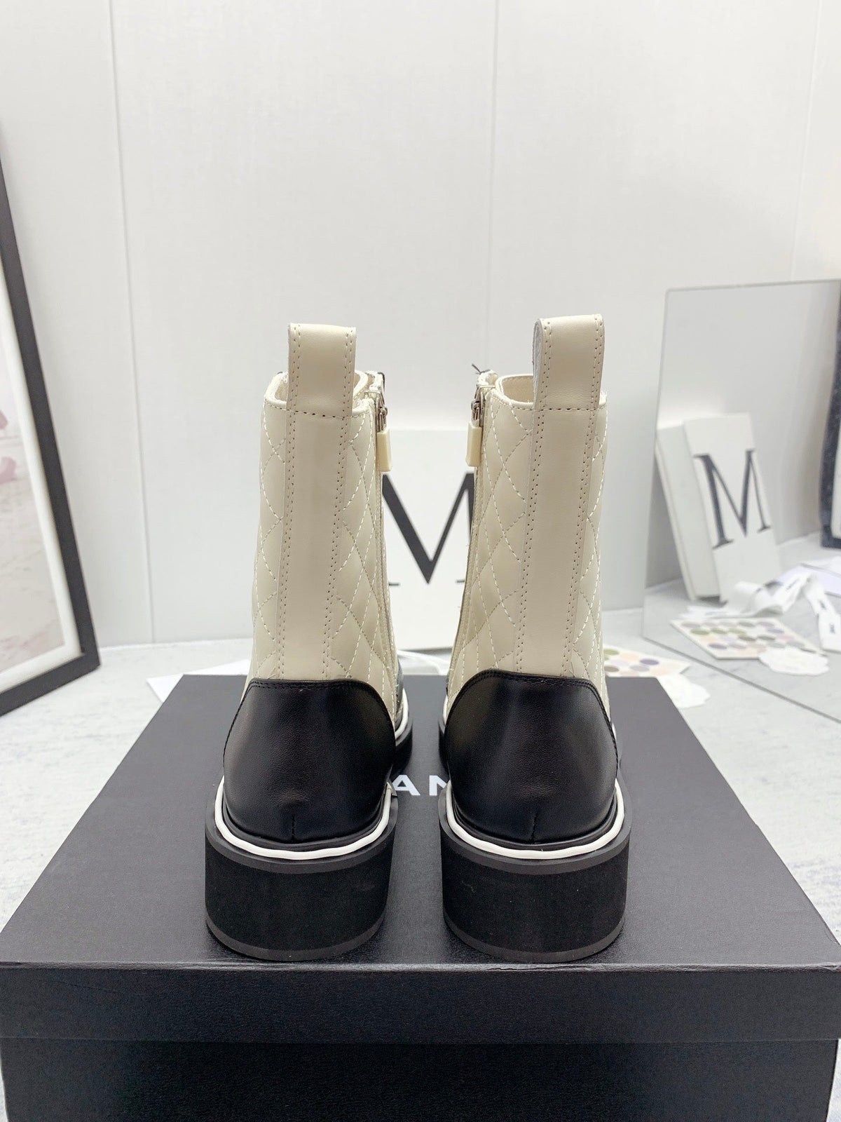 CC 26s Lace Up Combat Boots Ivory Black Quilted Leather 160140