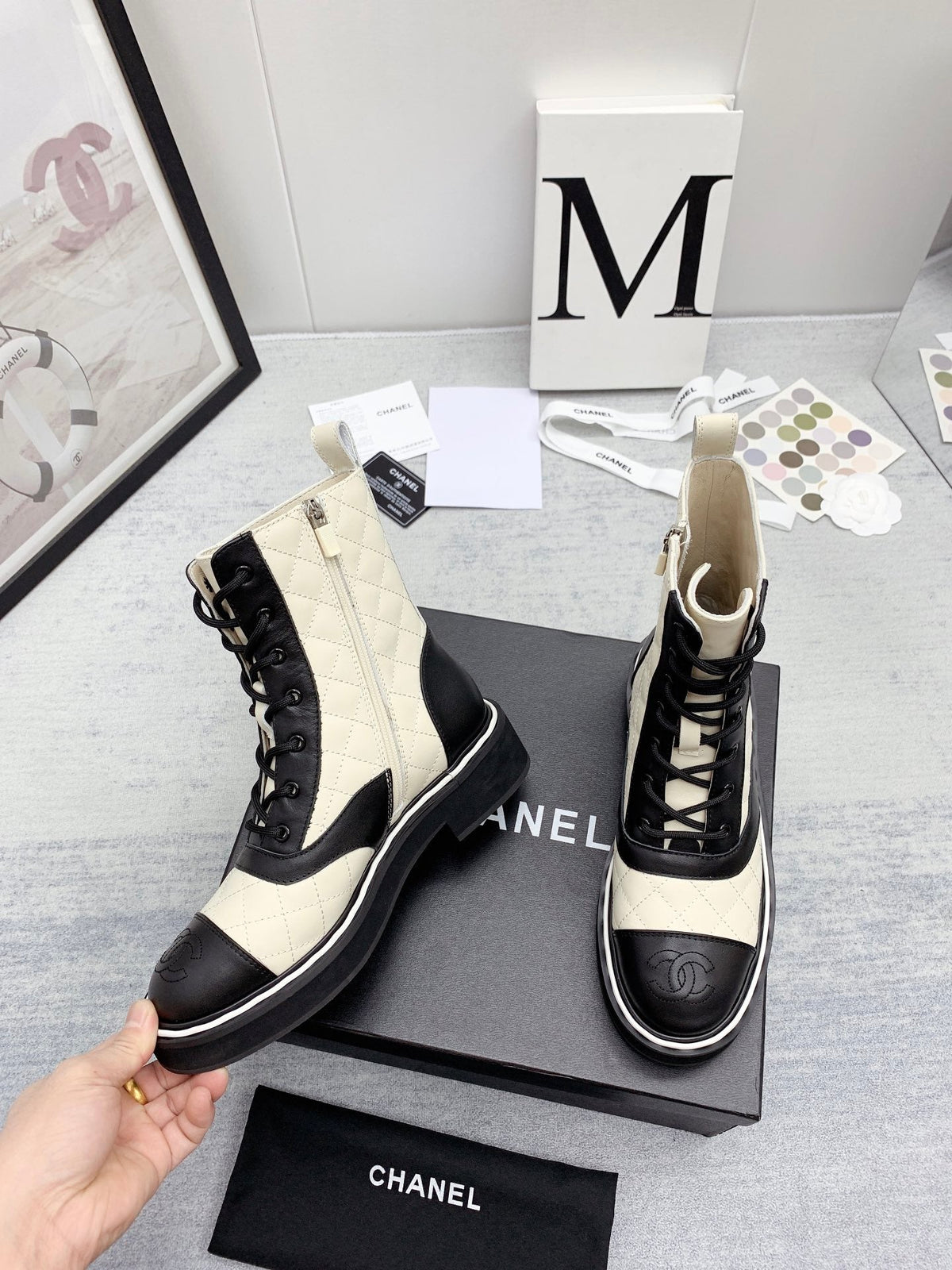 CC 26s Lace Up Combat Boots Ivory Black Quilted Leather 160140