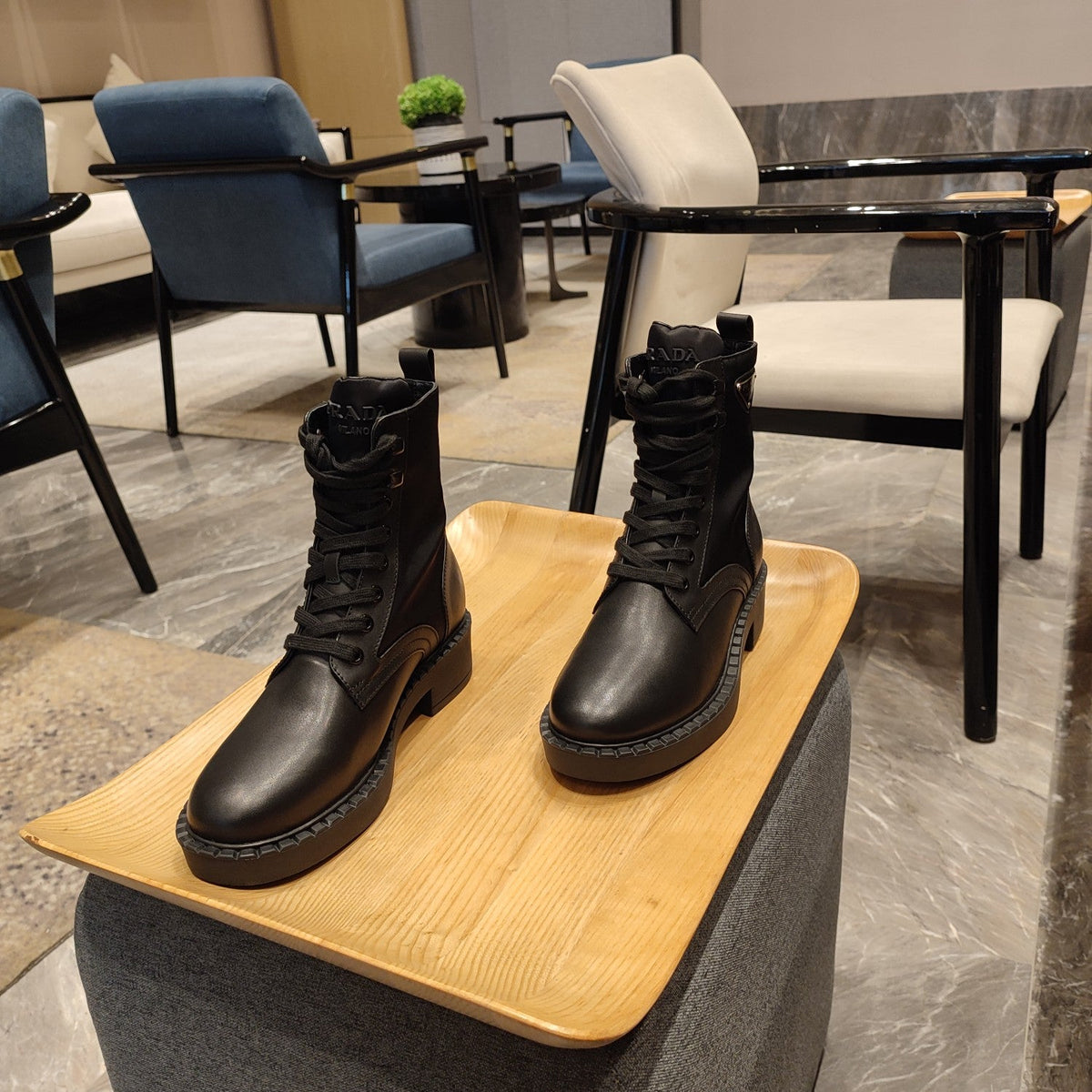 Prada 26s Combat Triangle Logo Boots 5.5cm Black Nylon Leather 109451