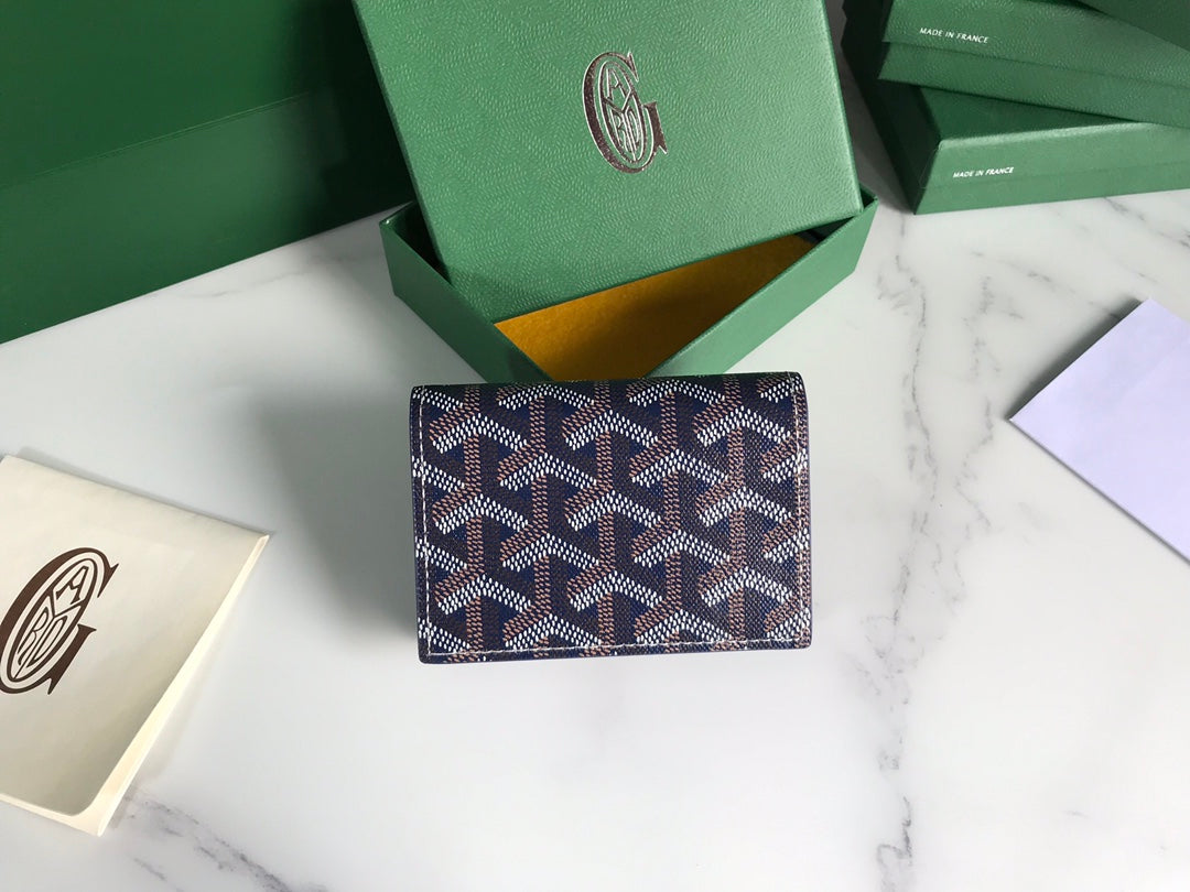 Goyard Malesherbes Card Wallet 10cm Navy Blue Canvas & Calfskin