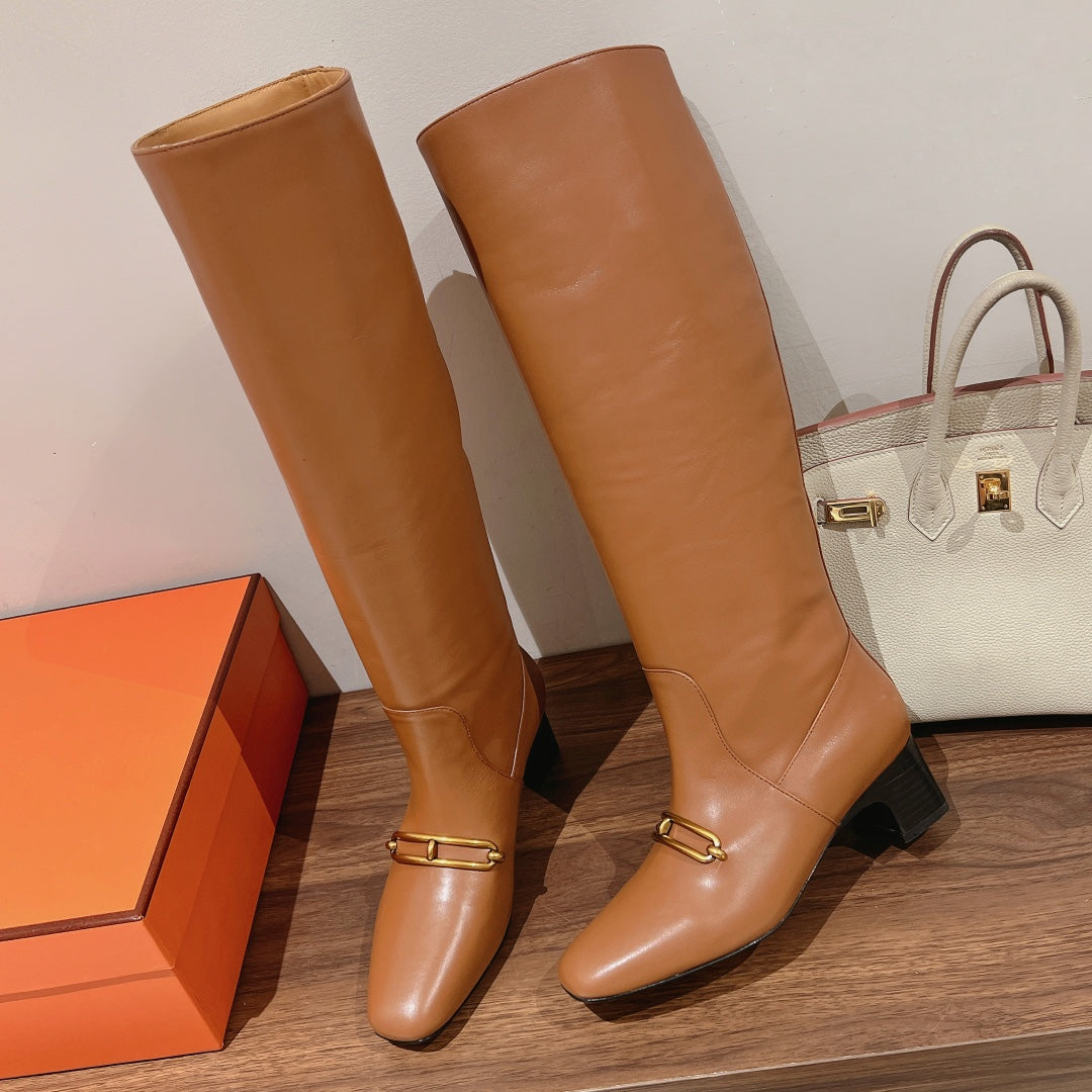 HM 26S Dora Gold Buckle Jumping Boots 5cm Tan Leather 112943