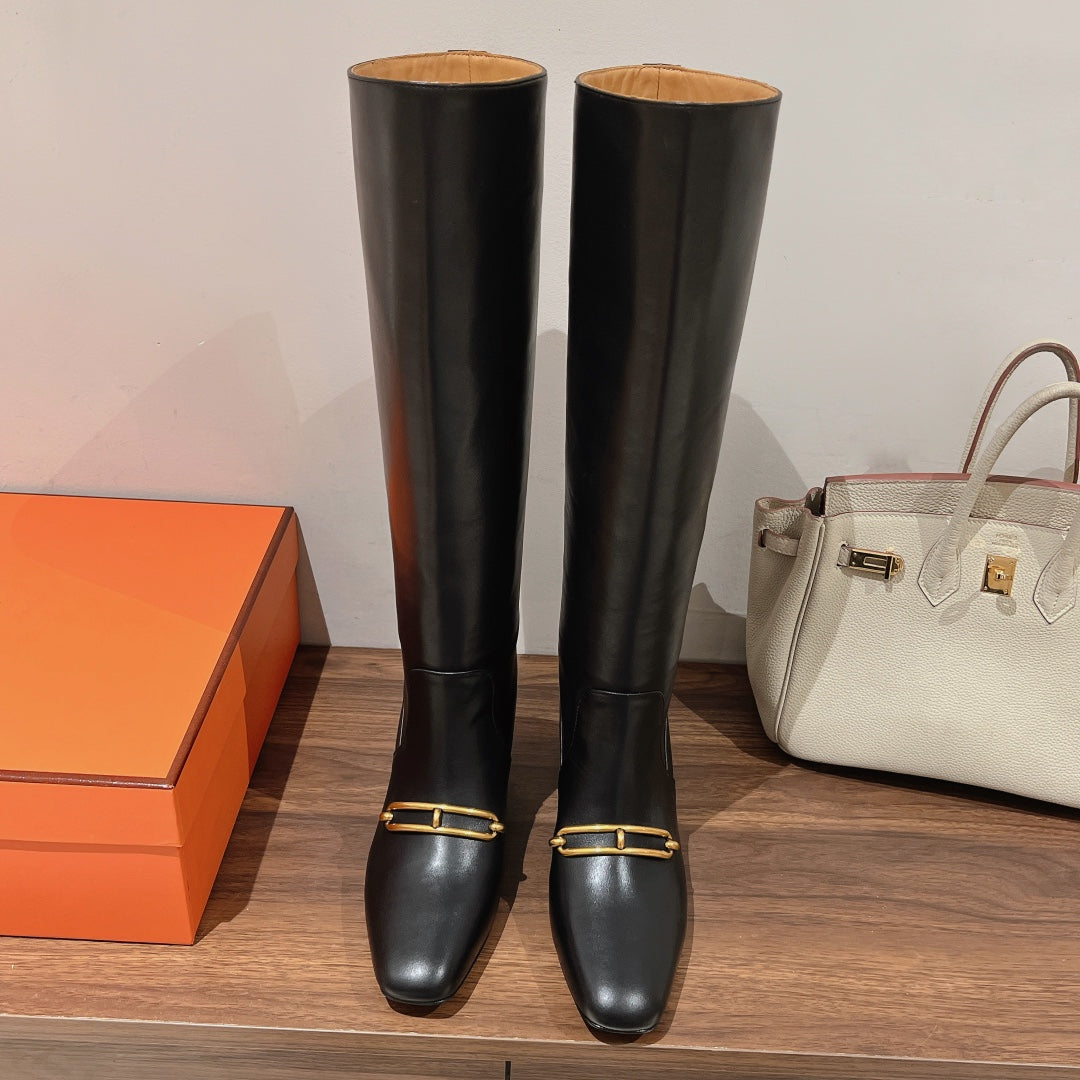 HM 26S Dora Gold Buckle Jumping Boots 5cm Black Leather 112942