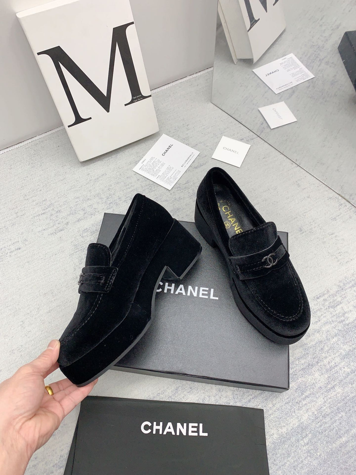 CC 2026 Logo Chunky Platform Loafers Black Velvet 161817