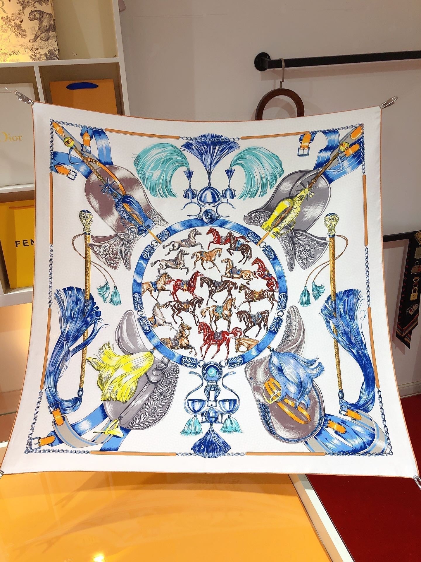 Cavalcades Scarf 90 CM In White Colorful Silk Twill 288860