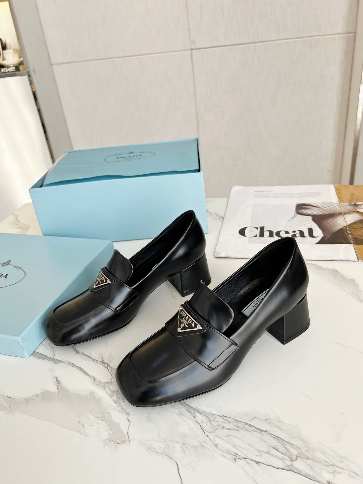 Prada 26S Block Heel Loafers Black Leather 147123