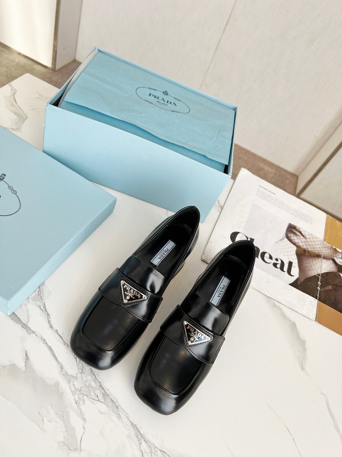 Prada 26S Block Heel Loafers Black Leather 147123