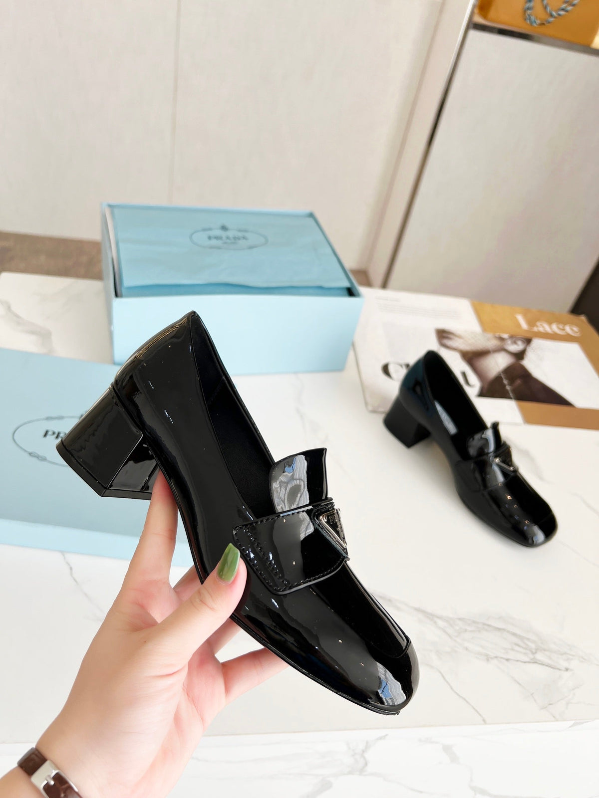 Prada 26S Block Heel Loafers Black Patent Leather 147124