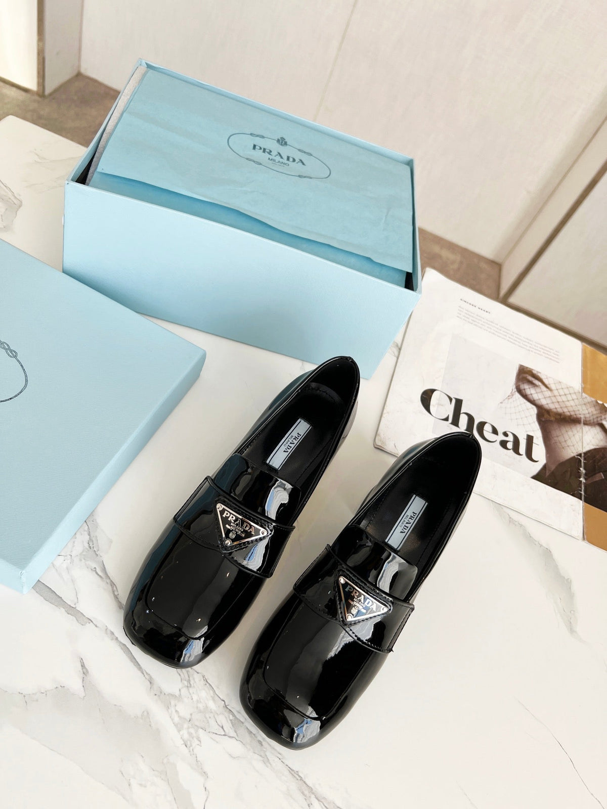 Prada 26S Block Heel Loafers Black Patent Leather 147124