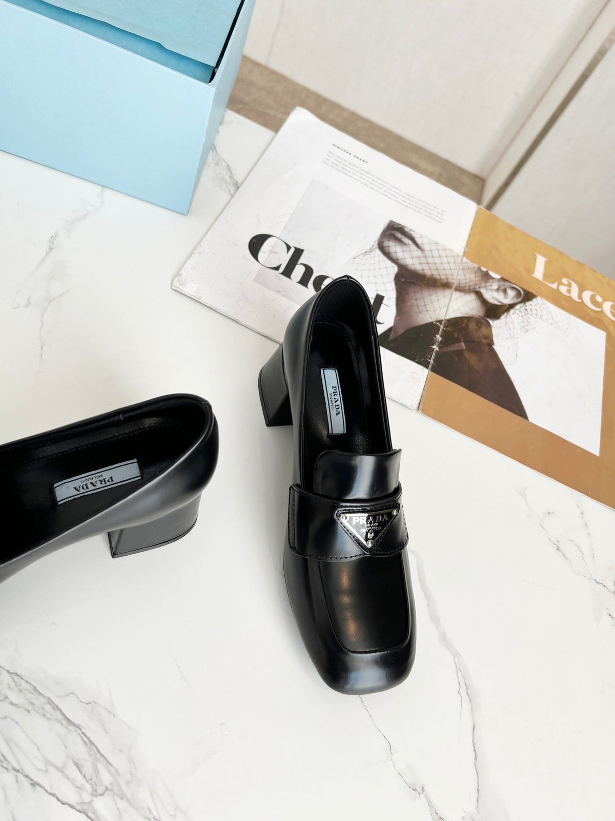 Prada 26S Block Heel Loafers Black Patent Leather 147124