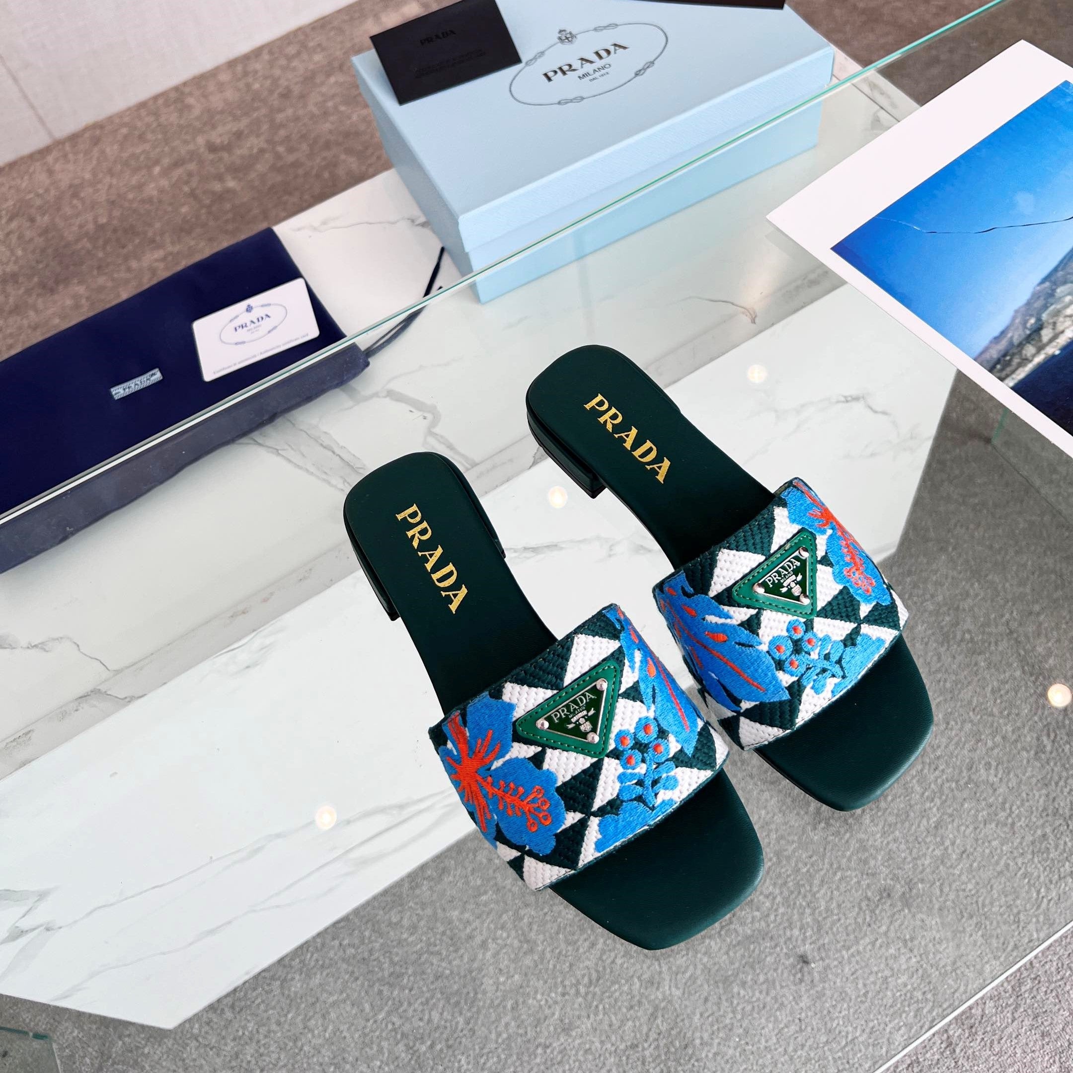 Prada 26s Floral Print Slides Teal Green Blue Leather Cotton 986594