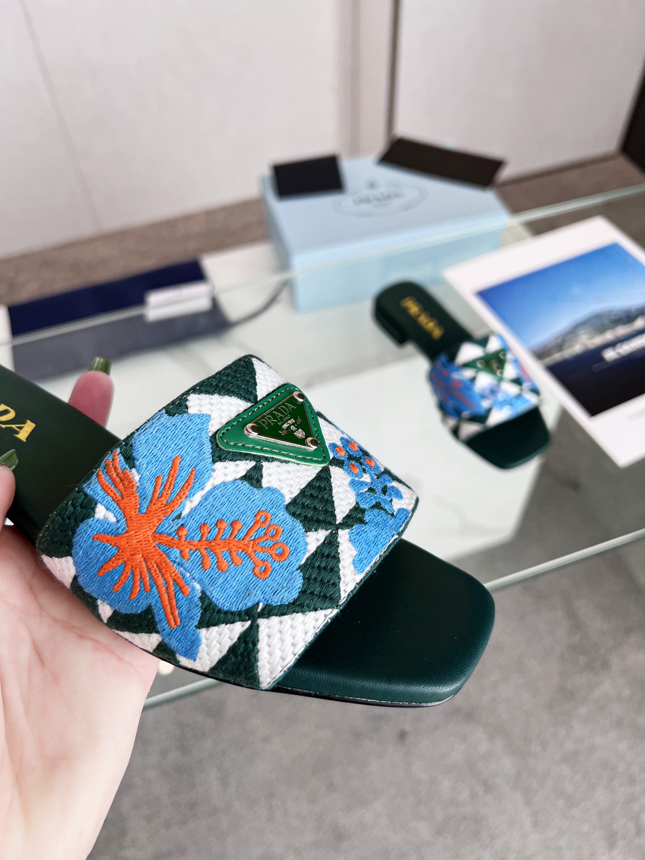 Prada 26s Floral Print Slides Teal Green Blue Leather Cotton 986594