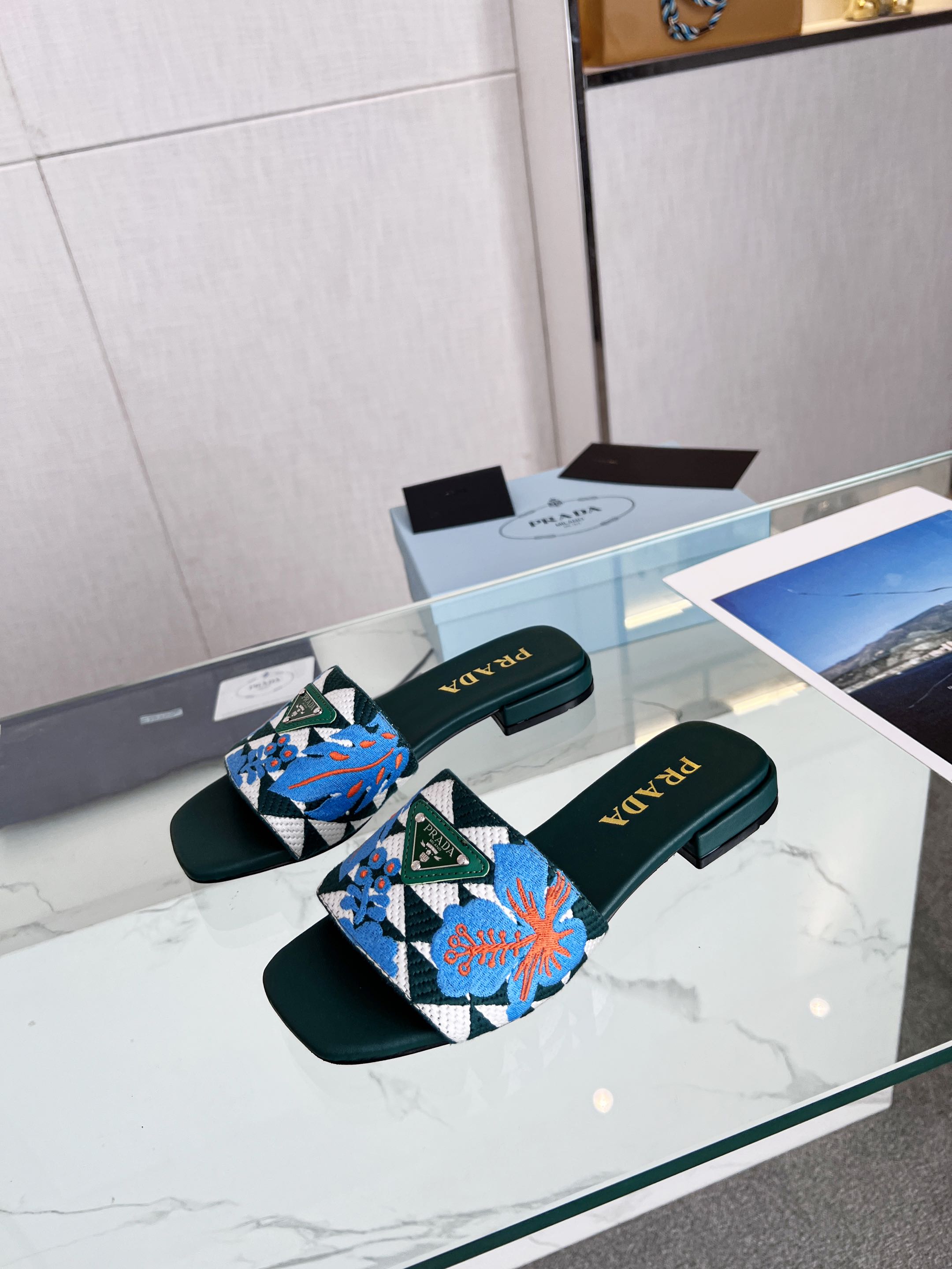 Prada 26s Floral Print Slides Teal Green Blue Leather Cotton 986594