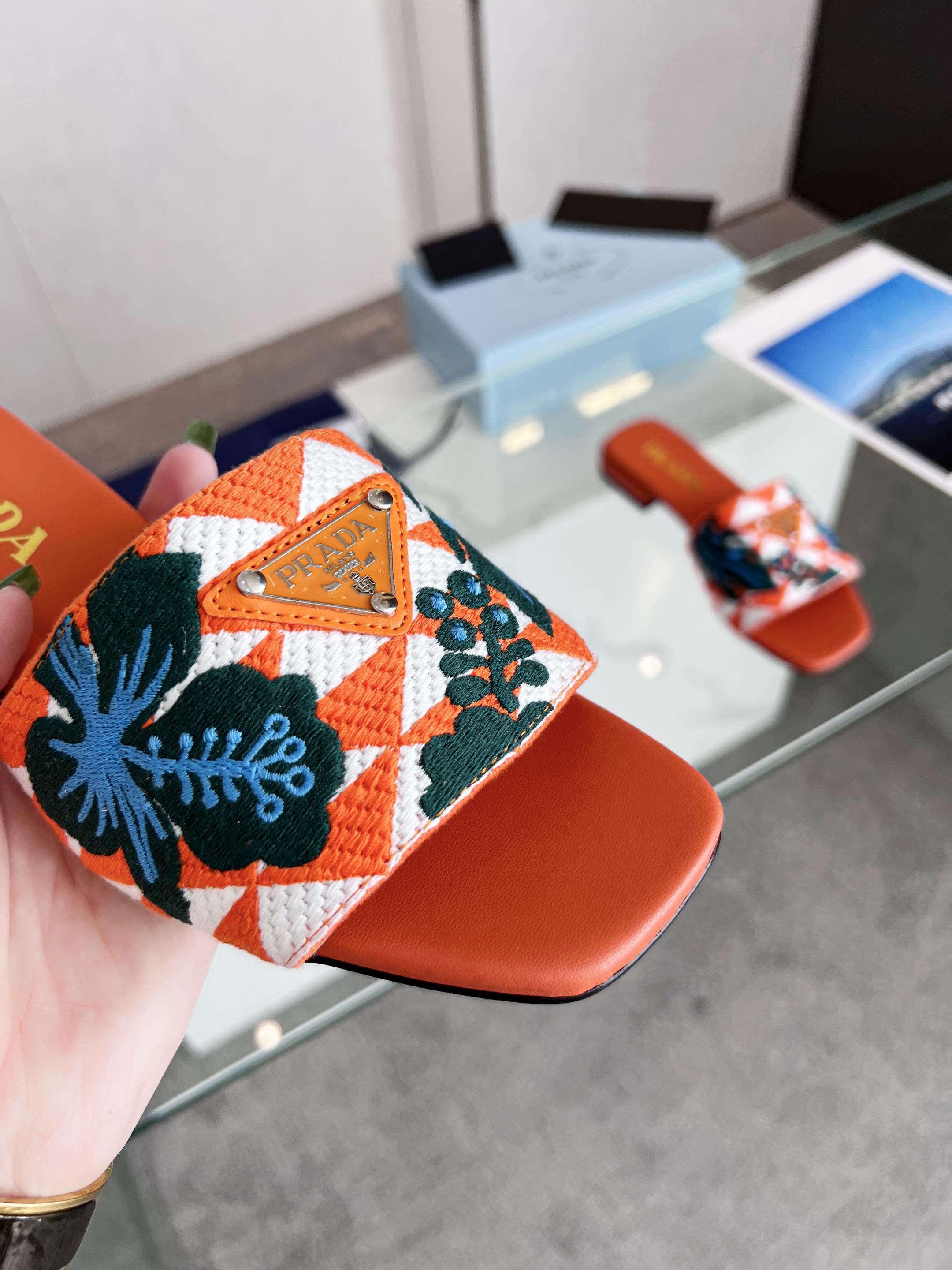Prada 26s Floral Print Slides Orange Leather Cotton 986595