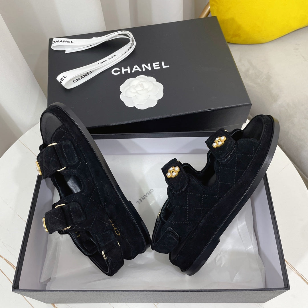 Chanel 26s Sandals Black Suede Pearl Camellia Embellishment