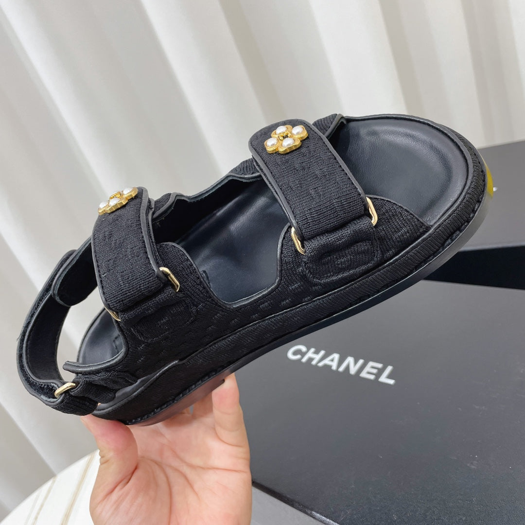 Chanel 26s Sandals Black Textured Fabric