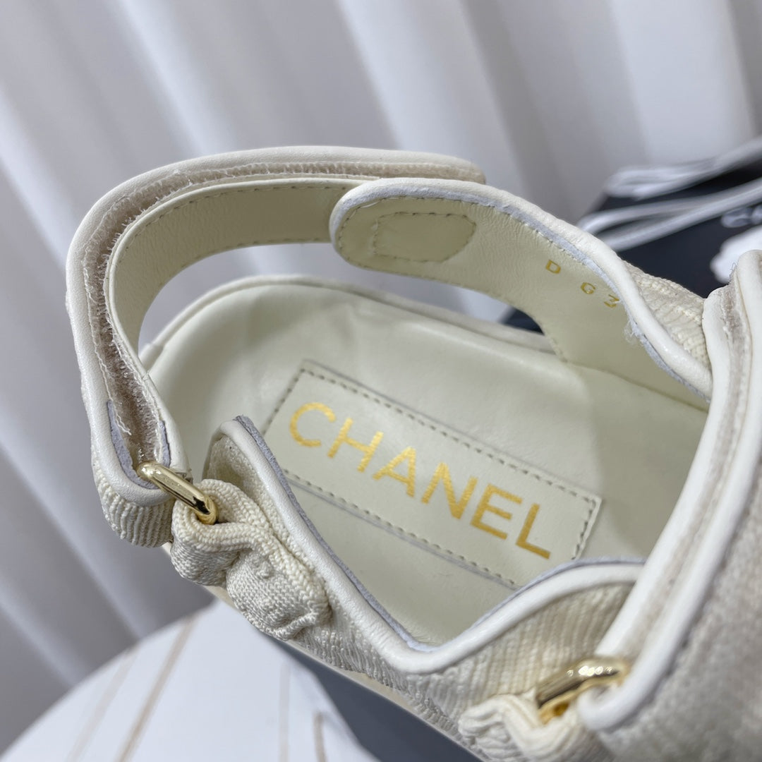Chanel 26s Sandals White Textured Fabric