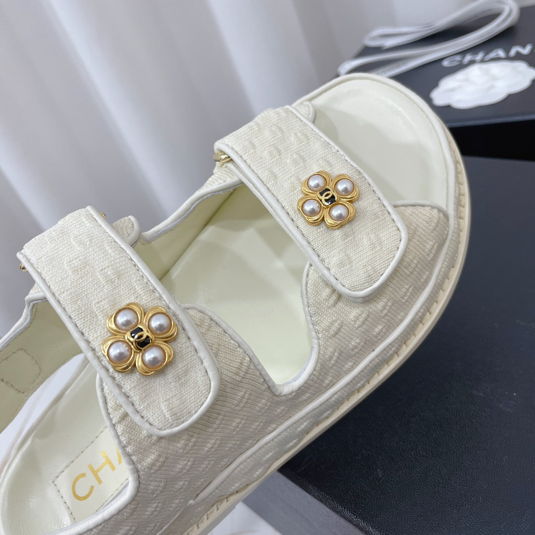 Chanel 26s Sandals White Textured Fabric