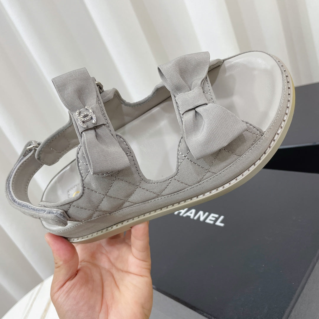 Chanel 26s Sandals Grey Fabric Bow Embellishment