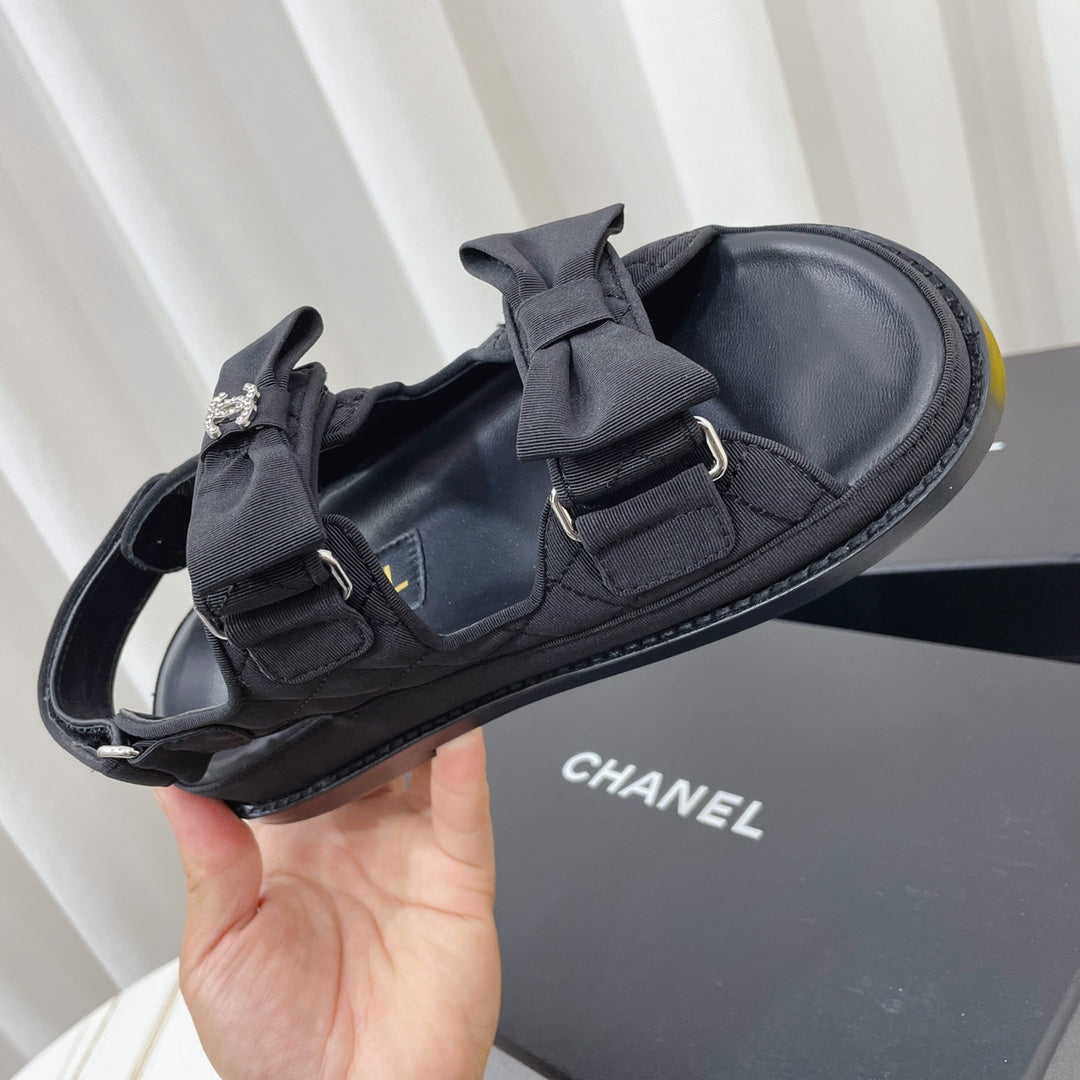 Chanel 26s Sandals Black Fabric Bow Embellishment