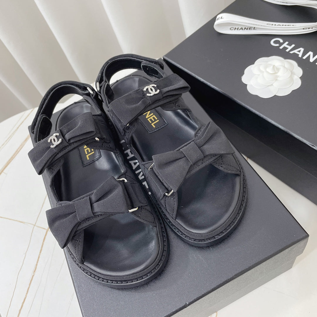 Chanel 26s Sandals Black Fabric Bow Embellishment