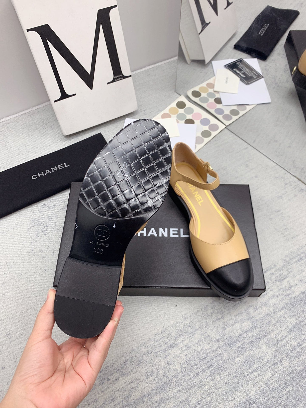CC 26s Mary Janes Beige Black Lambskin Grosgrain 159947