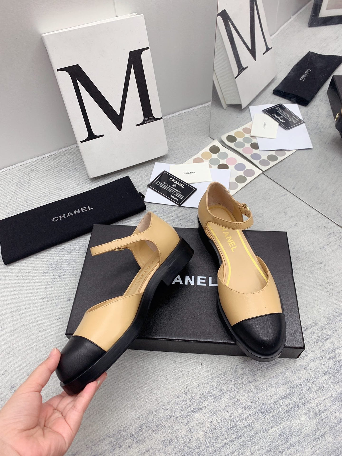 CC 26s Mary Janes Beige Black Lambskin Grosgrain 159947