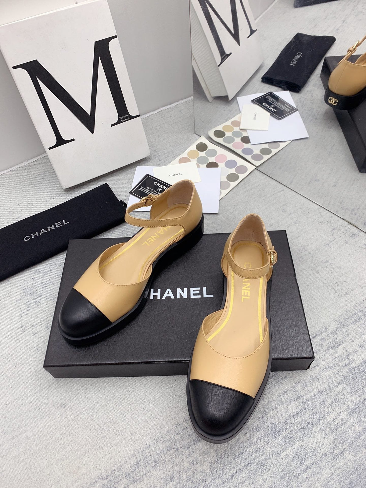CC 26s Mary Janes Beige Black Lambskin Grosgrain 159947